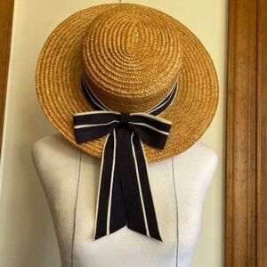 LAUARA ASHLEY Vintage Straw Boater Hat with Navy White Ribbon Accent OS